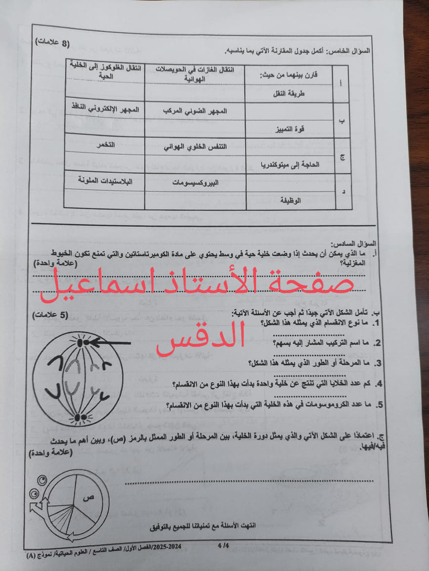 بالصور امتحان نهائي لمادة العلوم الحياتية الاحياء للصف التاسع الفصل الاول 2024 نموذج A وكالة